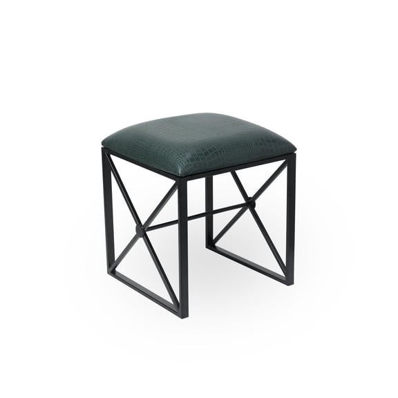 Cresta Modern Accent Stool with Leather Upholstered Seat - Contemporary Metal Verdanza Luxe Croc Stool for Living Room Bedroom - Green