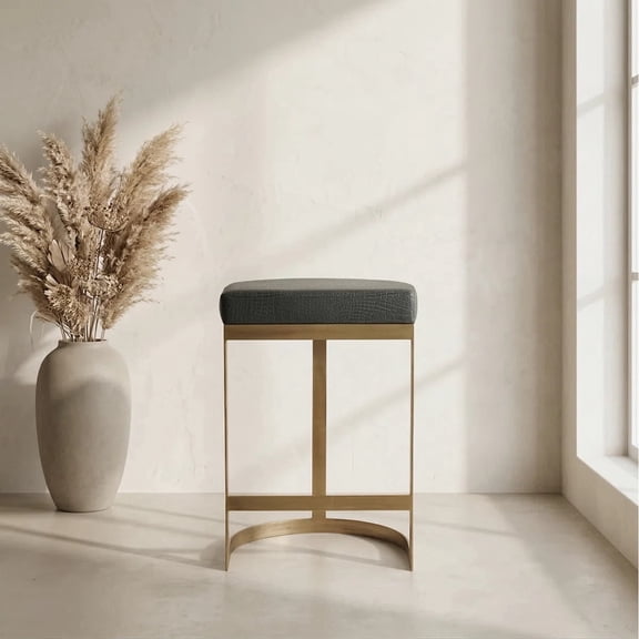 Cresta Modern Bar Noir Aurelia Luxe Stool with Upholstered Leather Seat - Iron Frame with Brushed Brass Finish, Modern Kitchen Island and Home Bar Seating, Green & Gold