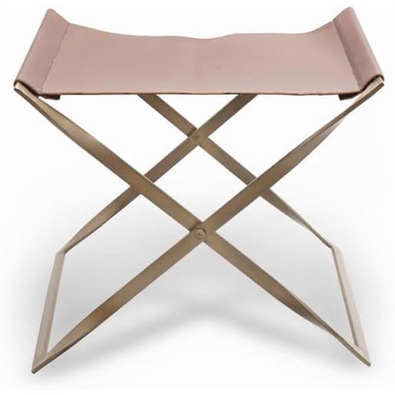 Cresta Modern Folding Stool with Leather Seat - Handmade X Frame Accent Stool for Living Room Bedroom - Metal Base, Brown