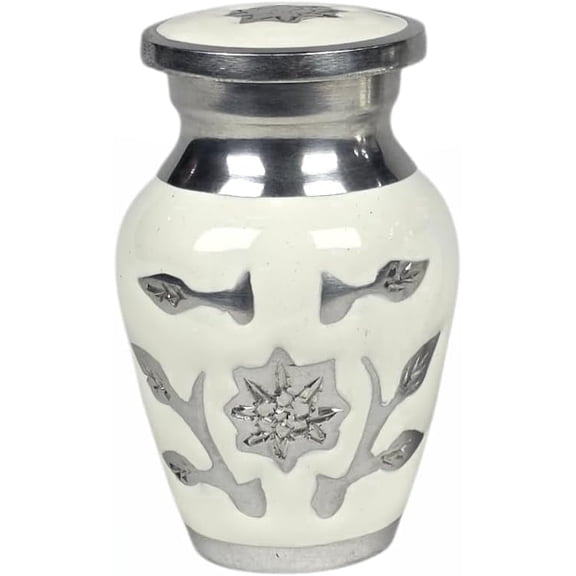 Cresta Modern Small Keepsake Urn for Human Ashes 3 x 2 x 2 Inches - Small Cremation Urn, Aluminum Urn - Decorative Mini Urns for Human Ashes with Secure Lid - Ivory White Silver Floral
