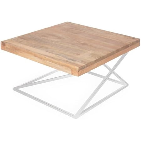Cresta Modern Square Coffee Table for Living Room - Contemporary Mango Wood Center Table with Stainless Steel Base - Brown Wood Accent Table