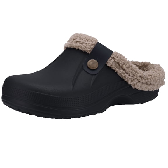 Crestar Classic Waterproof Fur Lined Clogs Shoes, Cozy Winter Fuzzy Slippers for Women Men Indoor Outdoor, Black/Khaki