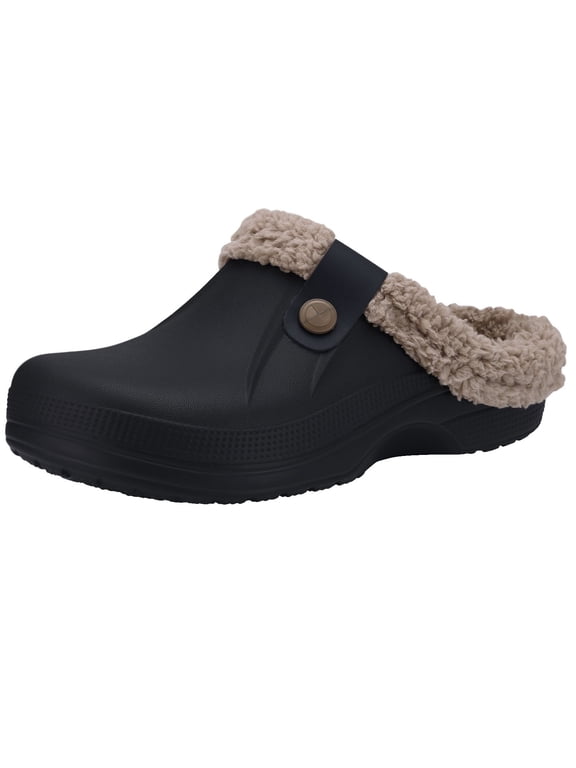 Classic Waterproof Fur Lined Clogs Shoes, Cozy Winter Fuzzy Slippers for Women Men Indoor Outdoor, Black/Khaki