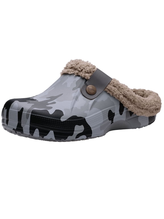 Classic Waterproof Fur Lined Clogs Shoes, Cozy Winter Fuzzy Slippers for Women Men Indoor Outdoor, Camo Dark