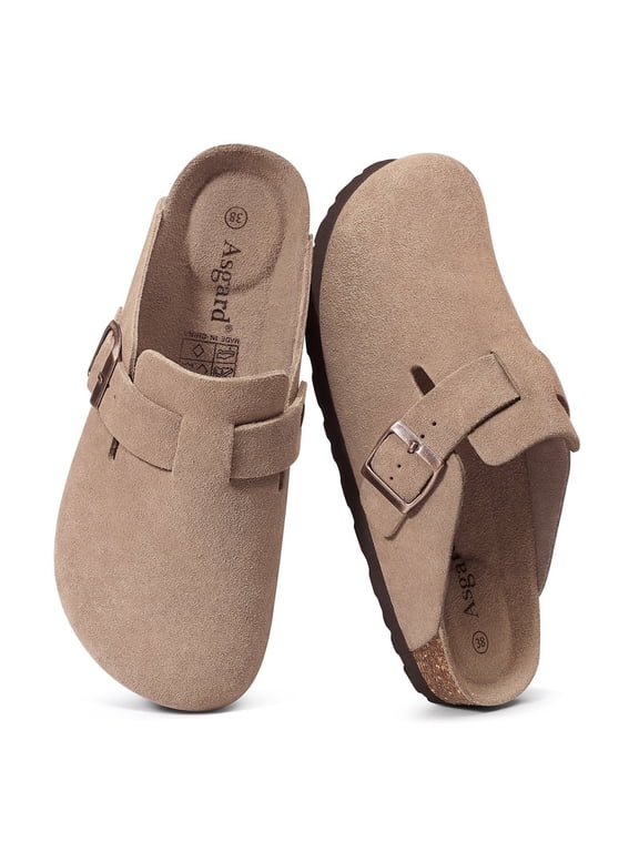 Womens Clogs, Mules Cork Footbed Shoes for Women, Suede Sandals with Arch Support and Adjustable Buckle, Apricot