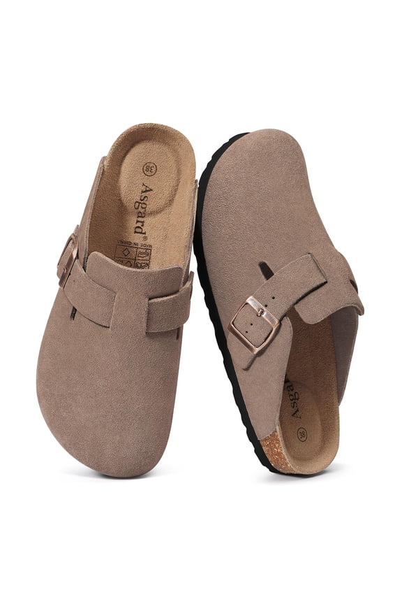 Cork Footbed Sandals for Womens, Suede Women's Clogs Shoes with Arch Support and Adjustable Buckle, Mocha