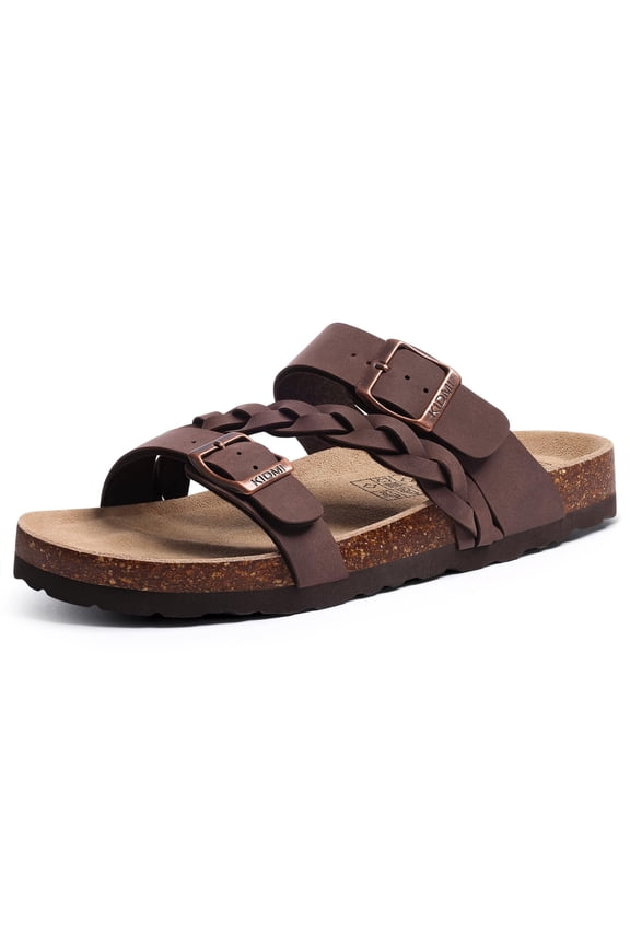 Cork Footbed Slide Sandals for Women, Comfortable Adjustable Buckle Slip on Slippers With Arch Support for Summer, Brown
