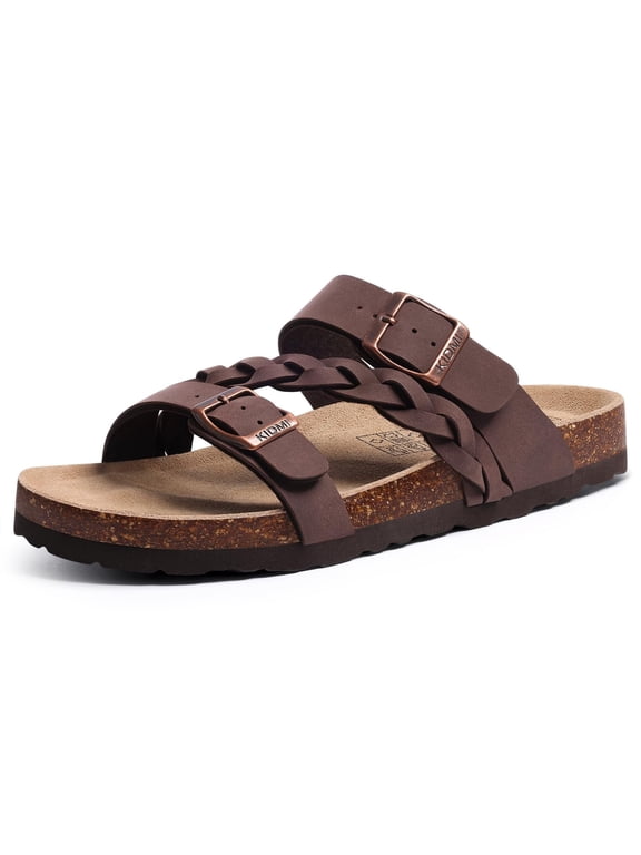 Cork Footbed Slide Sandals for Women, Comfortable Adjustable Buckle Slip on Slippers With Arch Support for Summer, Brown