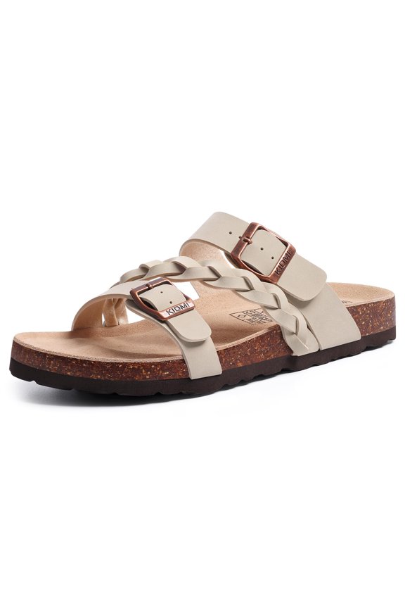 Cork Footbed Slide Sandals for Women, Comfortable Adjustable Buckle Slip on Slippers With Arch Support for Summer, Stone