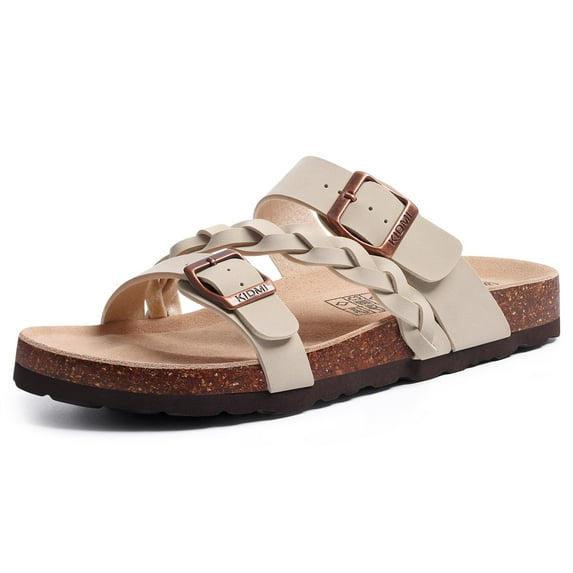 Crestar Cork Footbed Slide Sandals for Women, Comfortable Adjustable Buckle Slip on Slippers With Arch Support for Summer, Stone