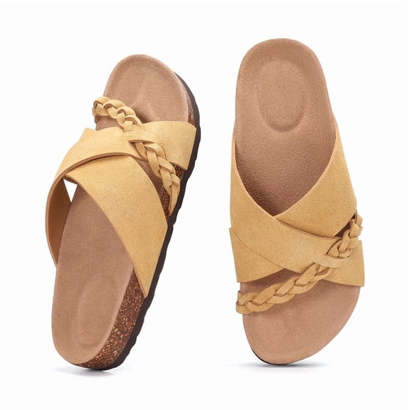 Crestar Cork Footbed Slide Sandals for Women with Cross Strap, Summer Beach Slip on Slippers with Arch Support