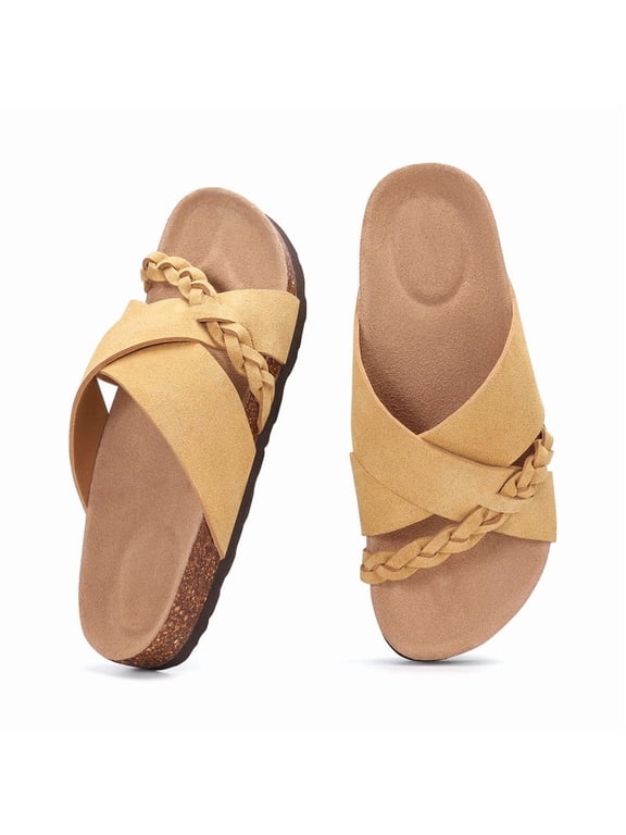 Cork Footbed Slide Sandals for Women with Cross Strap, Summer Beach Slip on Slippers with Arch Support