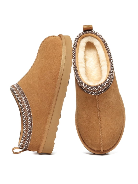 Women's Genuine Suede Fuzzy Slippers, Warm Fur Lined Winter House Shoes, Indoor Outdoor Mules with Cozy Comfort, Chestnut