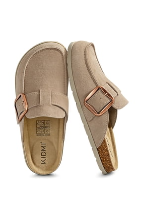 Genuine Suede Clogs Shoes for Women Leather Mules, Cork Footbed Slip On Potato Shoes with Arch Support, Apricot