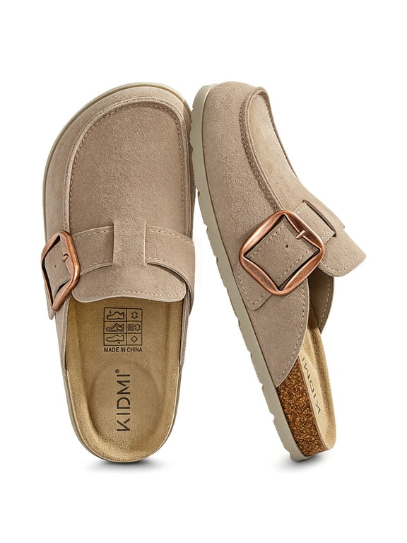 Genuine Suede Clogs Shoes for Women Leather Mules, Cork Footbed Slip On Potato Shoes with Arch Support, Apricot