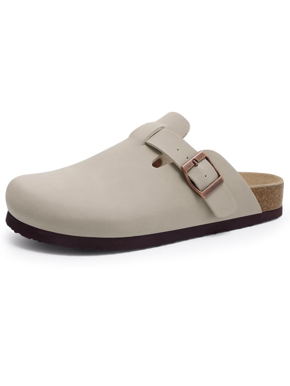 Genuine Suede Clogs for Women Men, Cork Footbed Leather Mules Potato Shoes Slip on with Arch Support, Stone