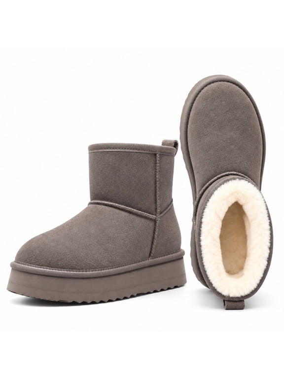 Platform Mini Boots for Women, Genuine Suede Fuzzy Ankle Snow Boots with Fur Lined, Grey