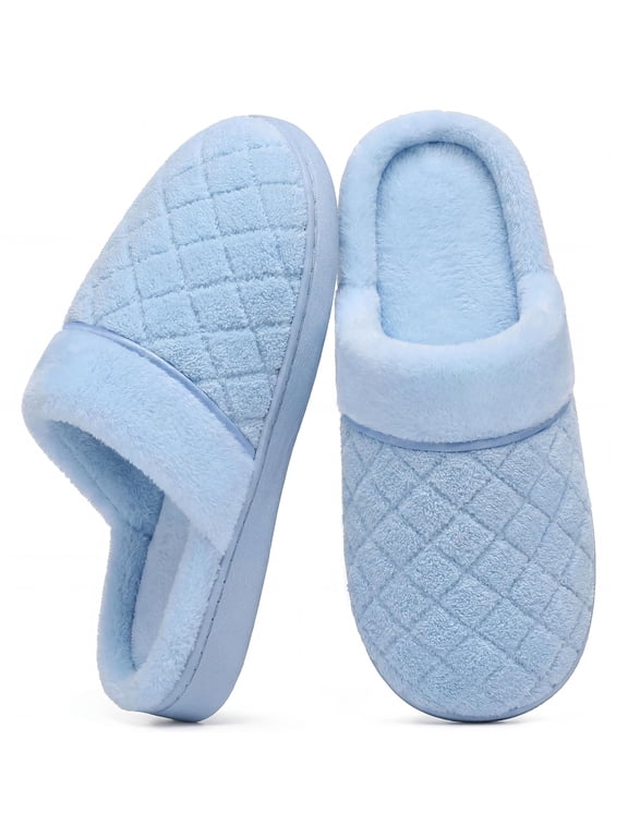 Unisex Memory Foam Slippers for Women Men, Fluffy Winter Quilted Warm House Shoes Indoor and Outdoor, Blue