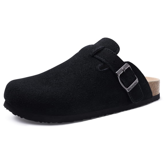 Crestar Unisex Suede Clogs for Women Men, Leather Mules Comfort Soft Cork Footbed Leather Mules Potato Shoes with Arch Support, Black