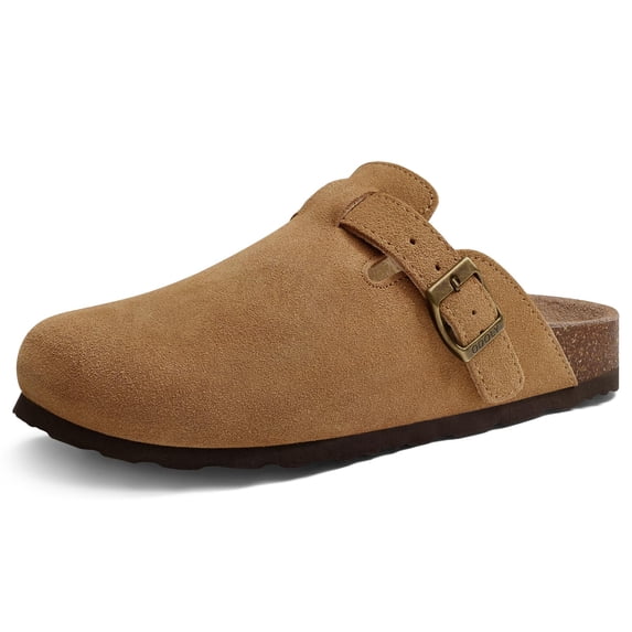 Crestar Unisex Suede Clogs for Women Men, Leather Mules Comfort Soft Cork Footbed Leather Mules Potato Shoes with Arch Support, Brown
