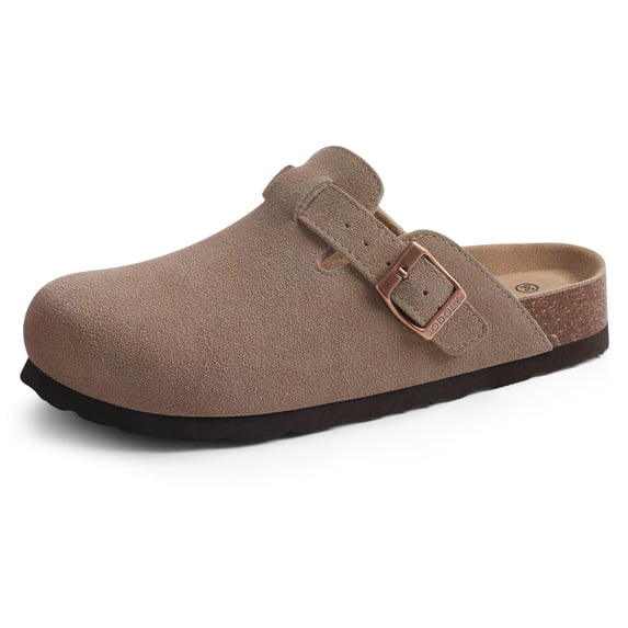Crestar Unisex Suede Clogs for Women Men, Leather Mules Comfort Soft Cork Footbed Leather Mules Potato Shoes with Arch Support, Mocha
