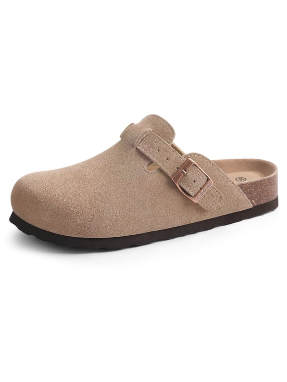 Unisex Suede Clogs for Women Men, Leather Mules Comfort Soft Cork Footbed Leather Mules Potato Shoes with Arch Support, Taupe