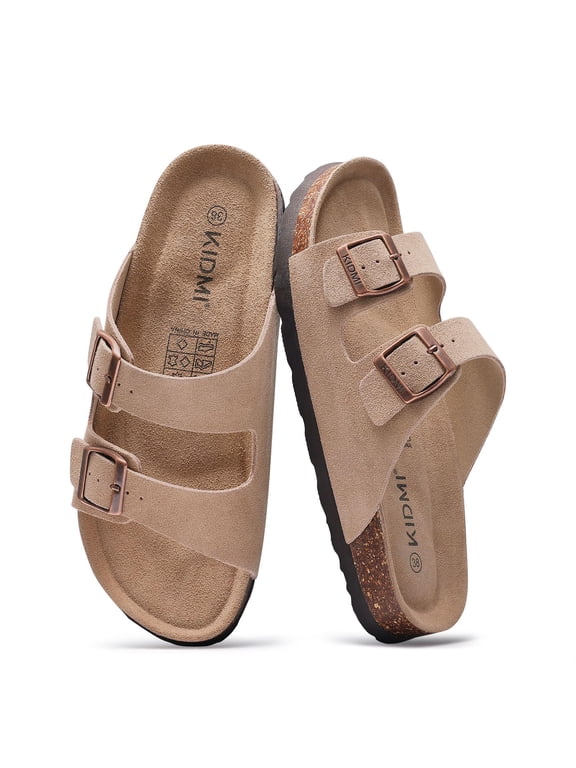 Women's Clog Slide Sandals with Arch Support, Comforable Adjustable Buckle Cork Footbed Slippers for Summer, Apricot