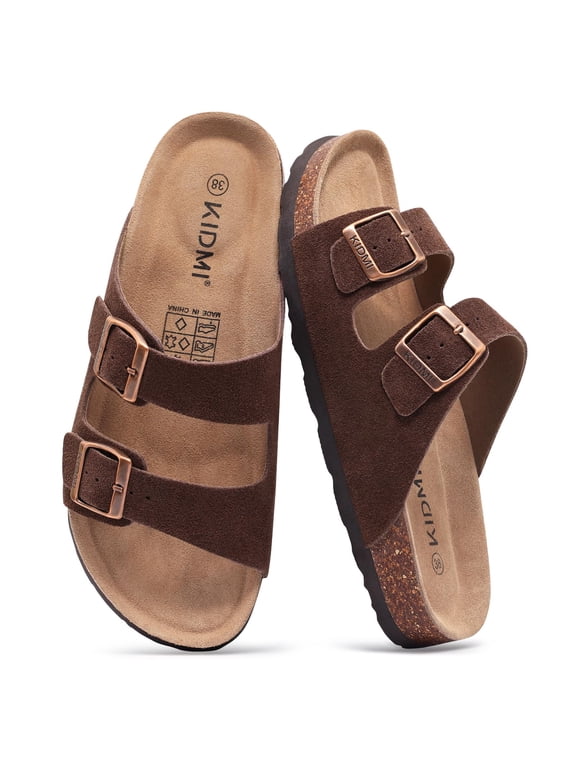 Women's Clog Slide Sandals with Arch Support, Comforable Adjustable Buckle Cork Footbed Slippers for Summer, Brown