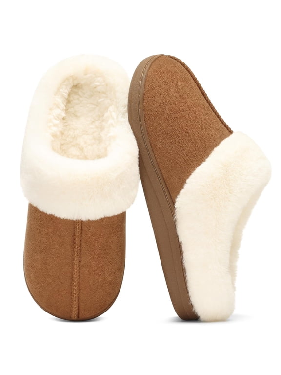 Women's Fuzzy Memory Foam Slippers, Faux Fur Lined Warm Comfy House Shoes Indoor Outdoor, Chestnut