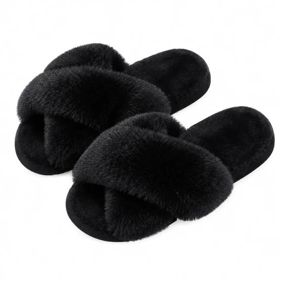 Crestar Women's Fuzzy Slippers Open Toe Cross Band, Memory Foam Cozy Fluffy House Slippers for Women, Black, Size 8.5-9.5