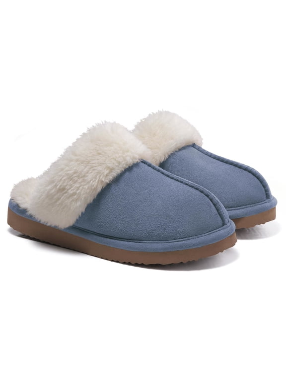 Women's Fuzzy Slippers with Memory Foam, Winter Warm Slip on House Shoes Indoor and Outdoor, Blue