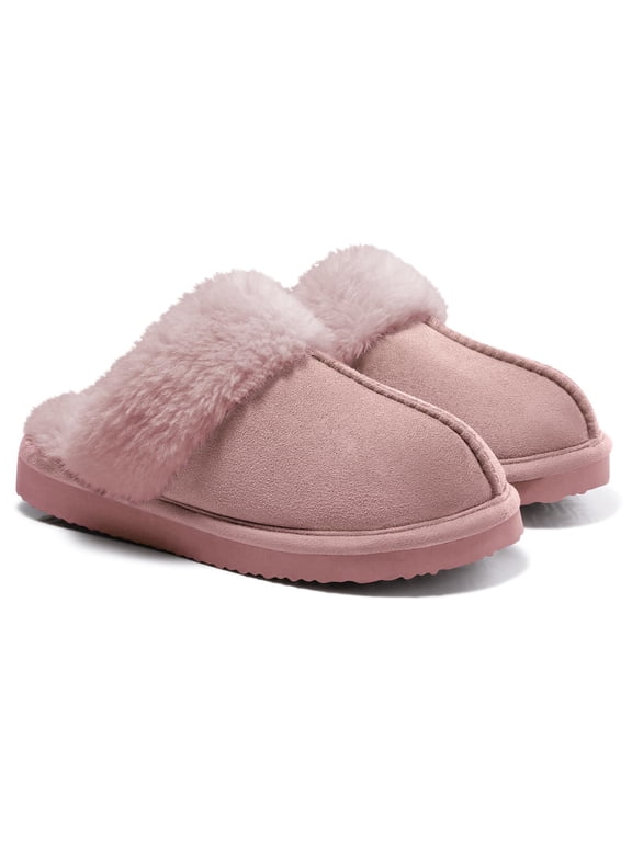 Women's Fuzzy Slippers with Memory Foam, Winter Warm Slip on House Shoes Indoor and Outdoor, Dark Pink