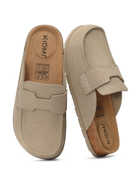 Women's Suede Clogs Leather Mules, Comfort Cork Footbed Potato Shoes Arch Support with Cork Footbed, Taupe