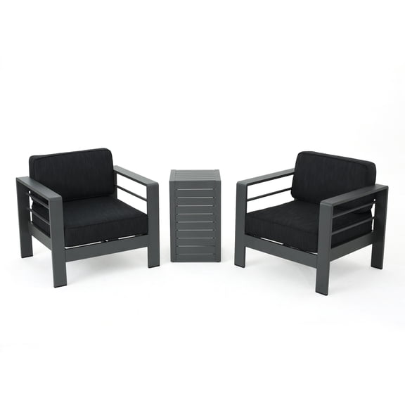 Crested Bay Outdoor Aluminum 3 Piece Chat Set with Cushions, Gray and Dark Gray