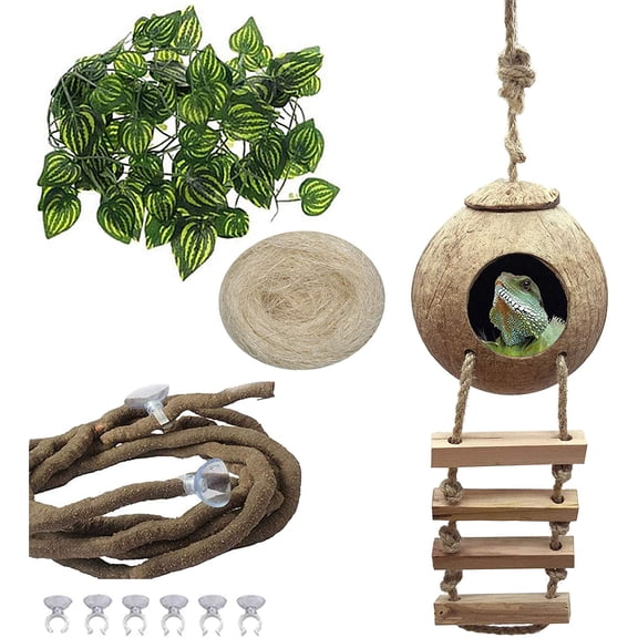 Crested Gecko Coco Hut with Ladder Natural Lizard Coconut Shell Hideout Home Mini Condo for Reptiles Durable Cave Habitat with Hanging Loop Coconut Texture Provide Food for Pets