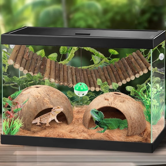 Crested Gecko Tank Accessories, Reptile Climbing Vines Hanging Plants with Coconut Shells Bridge Hideout Decor for Bearded Dragon Lizard Chameleon Gecko Turtle Snake