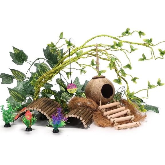 Crested Gecko Tank AccessoriesReptile Vines Plants with Coconut Shell Ladder Hideout Hermit Crab Decor for Bearded Dragon Lizard Chameleon Tortoise Snake