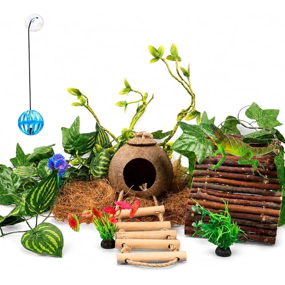 Crested Gecko Tank AccessoriesReptile Vines Plants with Coconut Shell Ladder Hideout Hermit Crab Decor for Leopard Gecko Lizard Chameleon Tortoise Snake Terrarium Decor