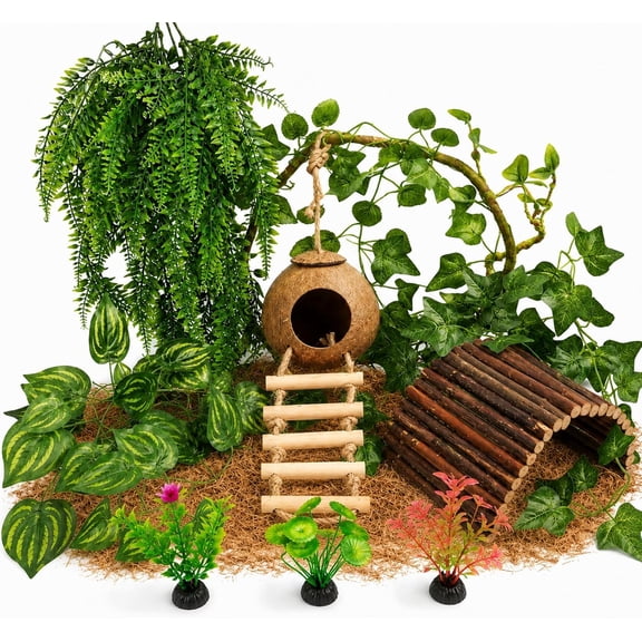 Crested Gecko Tank AccessoriesReptile Vines Plants with Coconut Shell Ladder Hideout Hermit Crab Decor for Leopard Gecko Lizard Chameleon Tortoise Snake Terrarium Decor
