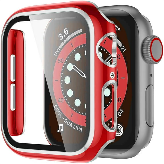 LEIXIUER Crested Glass+Cover Compatible with Apple Watch Case 45mm 41mm 44mm 40mm 42mm 38mm Bumper+Screen Protector iWatch Series 8 7 SE 6 5 4 3 2 1 - red silver