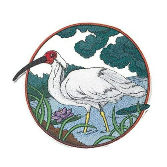 Crested Ibis in Circle Embroidered Iron on/Sew Patch [6" X 6"]