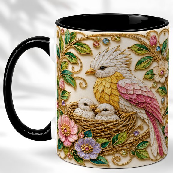Crested Nesting Bird Coffee Mug, Bird Family Mug, Ceramic 11 oz
