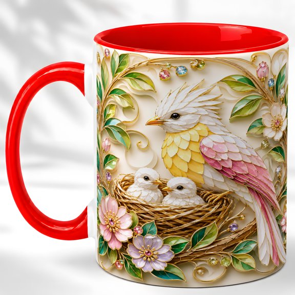 Crested Nesting Bird Coffee Mug, Bird Family Mug, Ceramic 11 oz