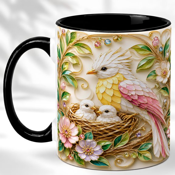 Crested Nesting Bird Coffee Mug, Bird Family Mug, Ceramic 11 oz