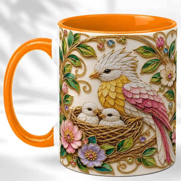 Crested Nesting Bird Coffee Mug, Bird Family Mug, Ceramic 11 oz