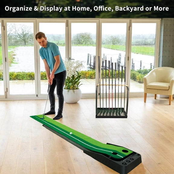 Crestgolf Golf Club Organizer Display Stand with Artificial Turf Mat for 9 Clubs - Solid Wood Putter Rack