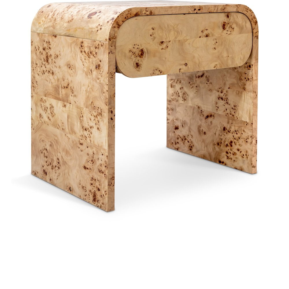 Natural Burl Wood Mid-Century Modern Nightstand with 1 Drawer
