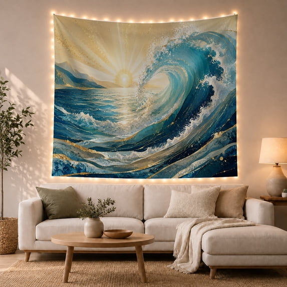 Cresting Ocean Wave at Golden Sunrise, Dramatic Coastal Style for Ocean Lovers, Seascape Wall Art, Housewarming Gift, Tapestry Wall Hanging for Bedroom and Living Room