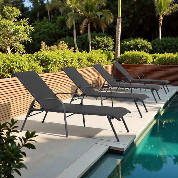 Crestlive Outdoor Chaise Lounge Chair, 5-Position Pool Lounge Chairs with Armrests Recliner (4PCS Black)