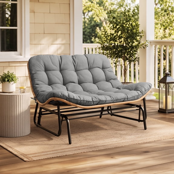 Crestlive Outdoor Glider Bench 2 Person, All-Weather Boho Rattan Patio Furniture for Backyard Porch Deck, Dark Gray